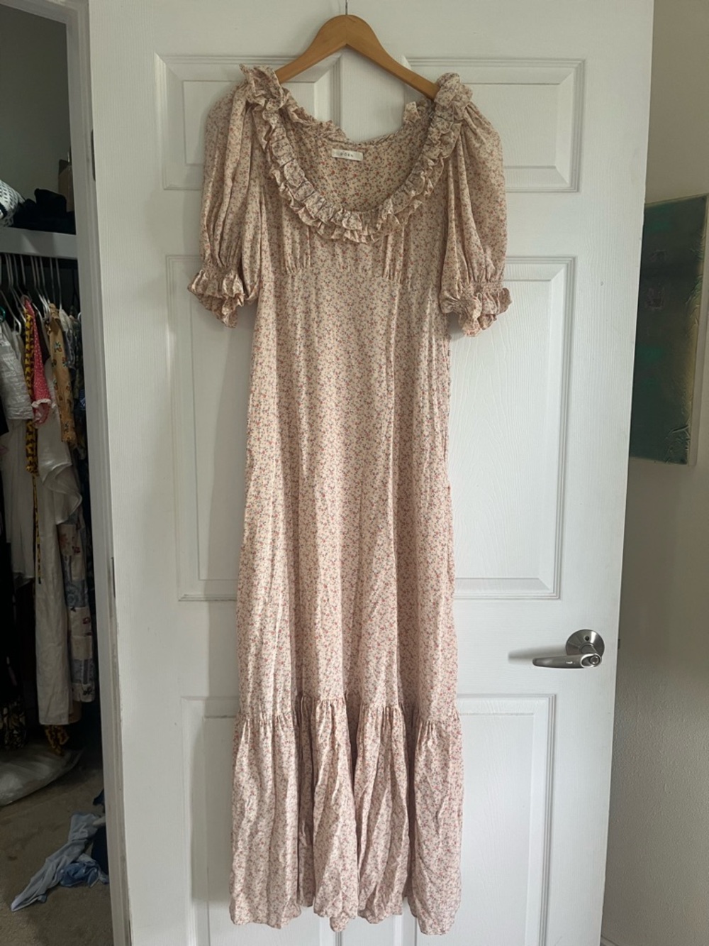 Doen Cream Floral Ruffle Maxi Dress large EUC